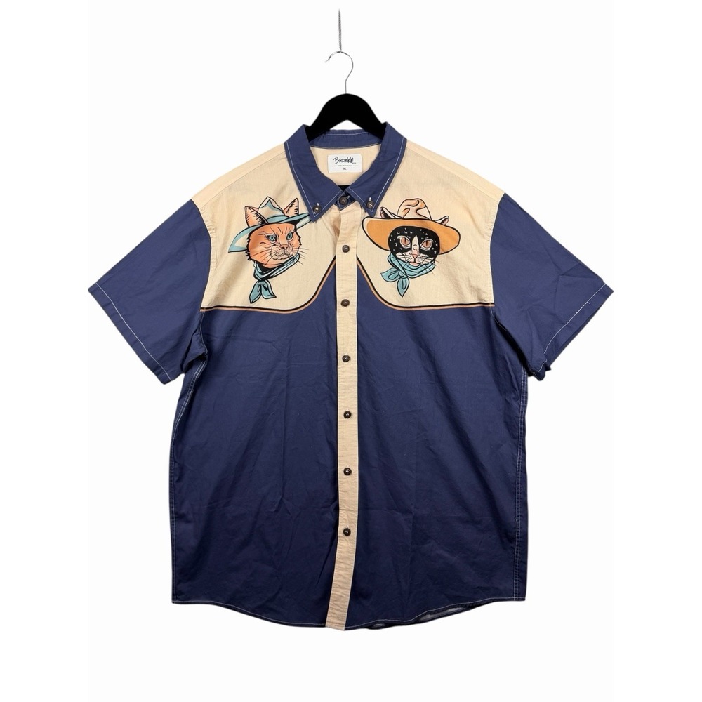 Boozelele Shirt Men's Sz XL Cotton Button Down Western Cowcat in Blue, Beige